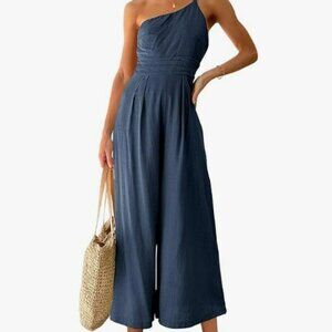 ANRABESS Women's Summer Straps One Shoulder High Waist  Wide Leg Linen Jumpsuit